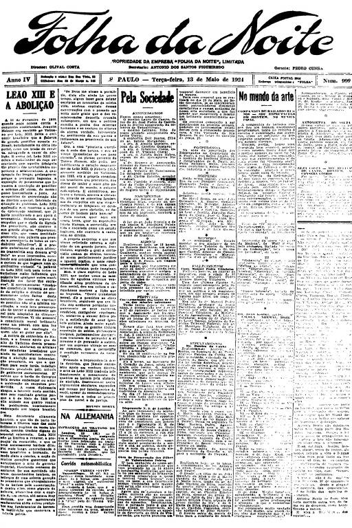 Primeira Página da Folha da Noite de 13 de maio de 1924