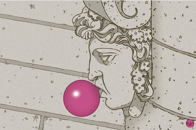 A ilustração de Luciano Salles, publicada na Folha de São Paulo no dia 21 de abril de 2024, mostra a escultura de um rosto fixado em uma parede de pedra. A cabeça e a parede é de cor bege. A cabeça de pedra está de perfil e está fazendo uma bola de chiclete da cor rosa
