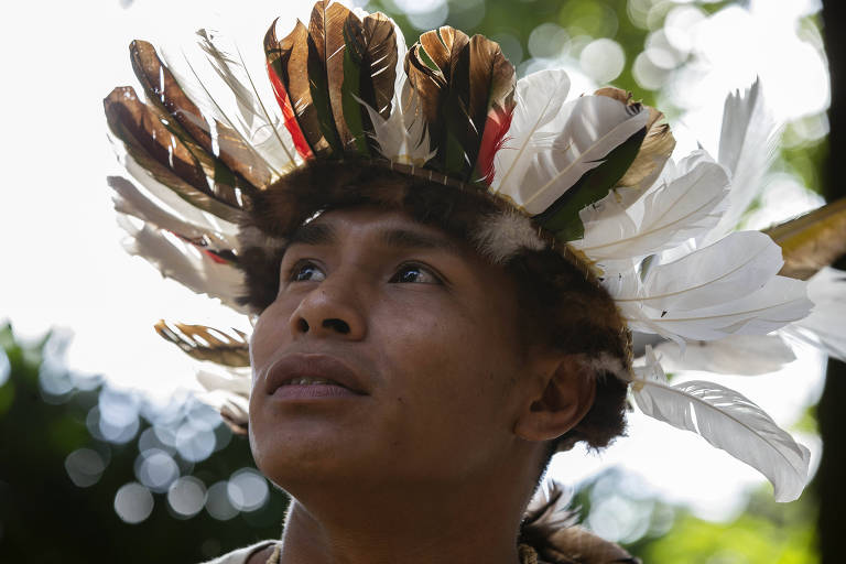 Um homem indígena com um cocar com penas brancas e coloridas na cabeça. Ele olha para cima em um ângulo de perfil. 