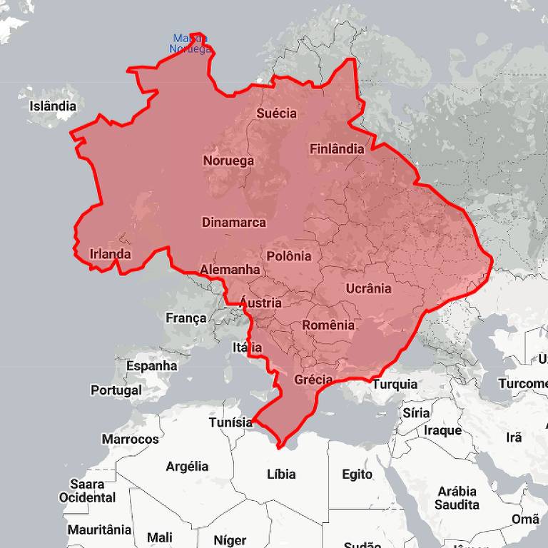 Mapa do Brasil sobreposto ao da Europa