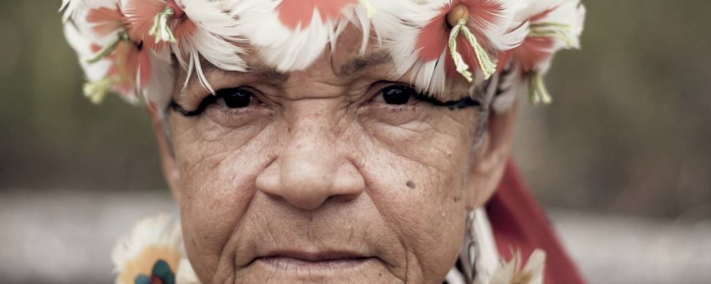 Rosto de indígena; ela tem o semblante sério e usa uma coroa de flores