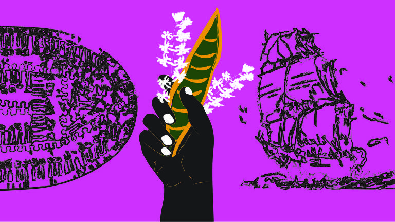 A ilustração de fundo rosa tem à sua esquerda a vista superior de um navio negreiro, à direita a imagem lateral de uma caravela, e ao centro, um punho negro erguido com a planta "Espada de Santa Bárbara na mão". Sendo essa uma planta herbácea de origem africana e muito conectada a diversas tradições afro-brasileiras. 