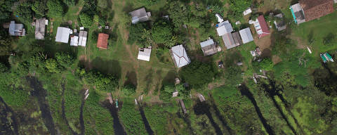A drone view shows the Santa Izabel village on the Uaca indigenous land, near the mouth of the Amazon in Oiapoque, State of Amapa, Brazil March 23, 2024. REUTERS/Adriano Machado ORG XMIT: HFSAHM013