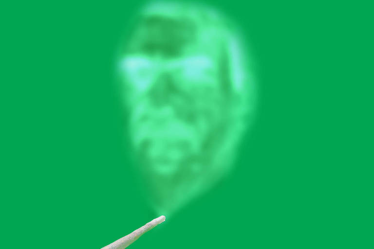 Ilustração colorida sobre um fundo verde de um cigarro de maconha aceso com a fumaça formando uma pessoa.