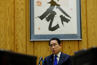 Japan's Prime Minister Fumio Kishida speaks at a group interview ahead of a planned summit next week with U.S. President Joe Biden, in Tokyo