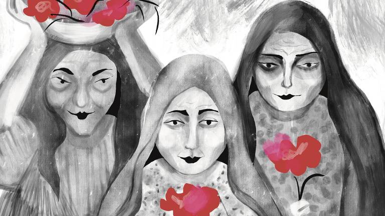 A ilustração, feita em tons de cinza, apresenta uma cena com três mulheres de lenços escuros na cabeça e flores vermelhas nas mãos. 