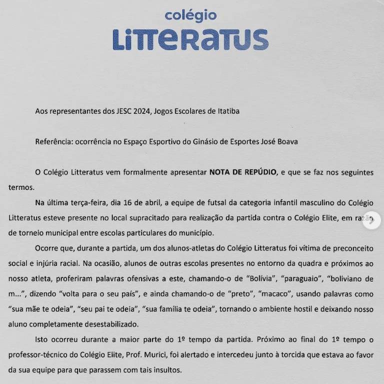 Nota impressa do Colégio Litteratus, sobre o caso de racismo em Itatiba