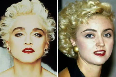 Madonna (à esq.) e Regina Restelli em fotos do início dos anos 1990