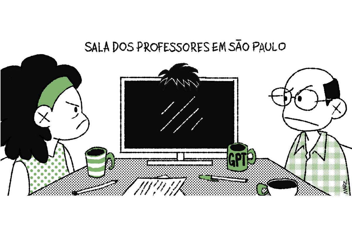 A charge de Marília Marz, de título "Sala dos professores em São Paulo" mostra dois professores sentados à mesa olhando feio para um computador de peruca que está na cabeceira. Cada professor possui uma xícara de café, assim como o computador, que possui uma xícara escrita "GPT".