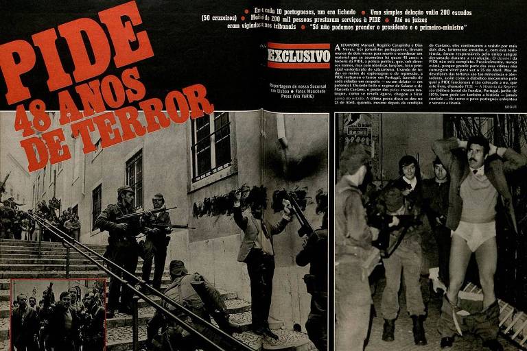 Páginas da extinta Manchete publicadas em 20 de julho de 1974; à dir., fotografia mostra agente da Pide rendido e com as calças arriadas durante a Revolução dos Cravos