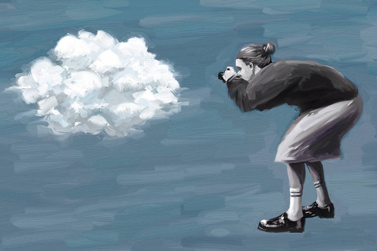 A ilustração de Adams Carvalho, publicada na Folha de São Paulo no dia 21 de Abril de 2024, mostra o desenho de uma pessoa levemente arqueada fotografando uma pequena nuvem à sua frente.