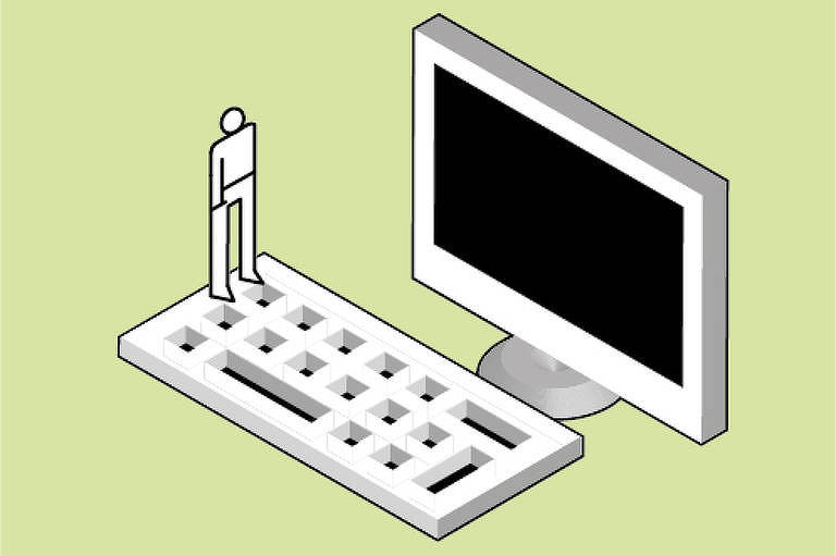 Um personagem pequenino se depara com um grande computador. O fundo é verde.