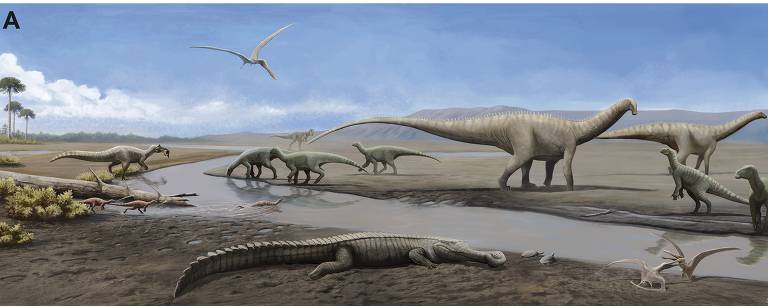 Ilustração de paleoambiente hipotético, com a espécie Tietasaura derbyiana retratada em meio a outros dinossauros