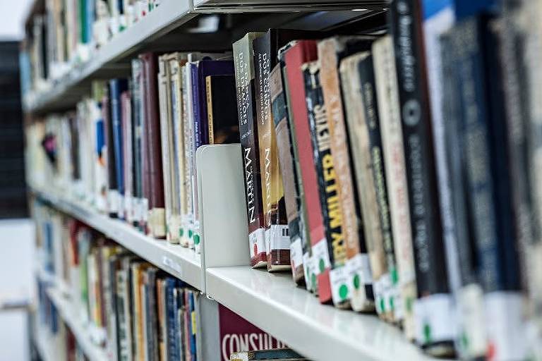 A imagem mostra uma estante de livros em uma biblioteca. Os livros estão organizados em prateleiras, com capas de diferentes cores e tamanhos. Um livro branco se destaca entre os outros. O fundo é desfocado, focando na estante e nos livros.