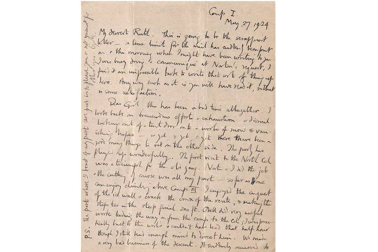 Carta de George Mallory escrita do monte Everest, onde morreria na tentativa de ser o primeiro a escalar a montanha