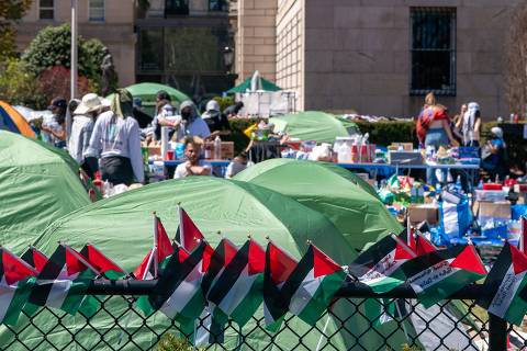 NEW YORK, NEW YORK - APRIL 22: Protestors occupy an encampment in support of Palestine on the grounds of Columbia University on April 22, 2024 in New York City. In response to recent campus unrest and anxieties regarding Jewish student safety, Columbia University President Minouche Shafik announced a shift to online learning for Monday. She further urged faculty and staff to prioritize remote work.   David Dee Delgado/Getty Images/AFP (Photo by David Dee Delgado / GETTY IMAGES NORTH AMERICA / Getty Images via AFP)