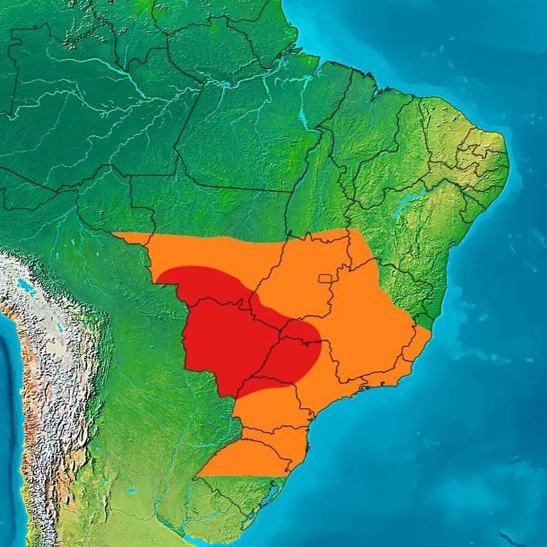 Mapa mostra a faixa em que atuará a onda de calor e a baixa umidade relativa do ar a partir desta semana; região oeste de São Paulo sofrerá os efeitos mais fortes