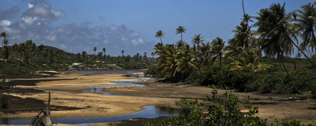 Imagem mostra a região conhecida como Lagunas de Baixio, que fica na APA (Área de Proteção Ambiental) Litoral Norte, onde há desovas de tartarugas; vilarejo baiano concentra lagoas de águas cristalinas