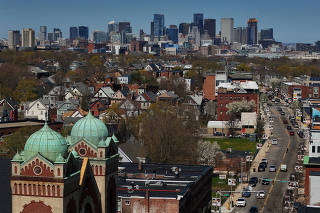 A drone view shows the skyline as seen from the Dorchester neighborhood of Boston