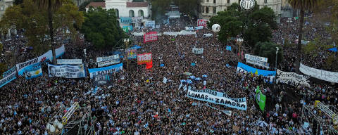 A drone picture shows Argentine university students, unions and social groups gathering in front of Casa Rosada government house to protest against President Javier Milei's 