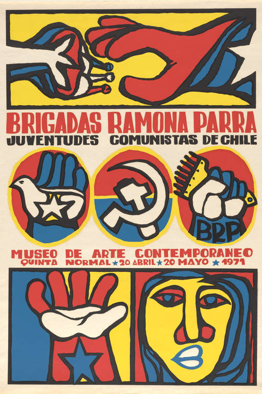 Pôster colorido mostra símbolos da juventude comunista do Chile