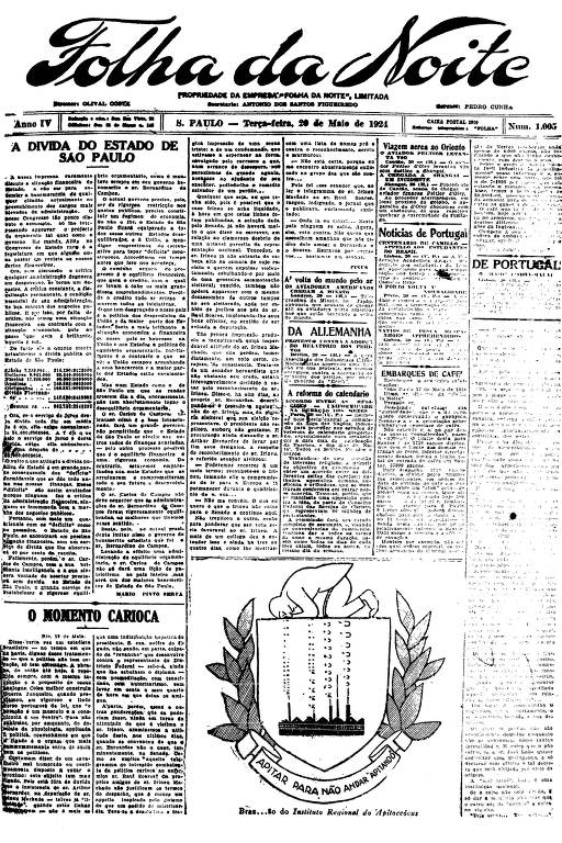 Primeira Página da Folha da Noite de 20 de maio de 1924