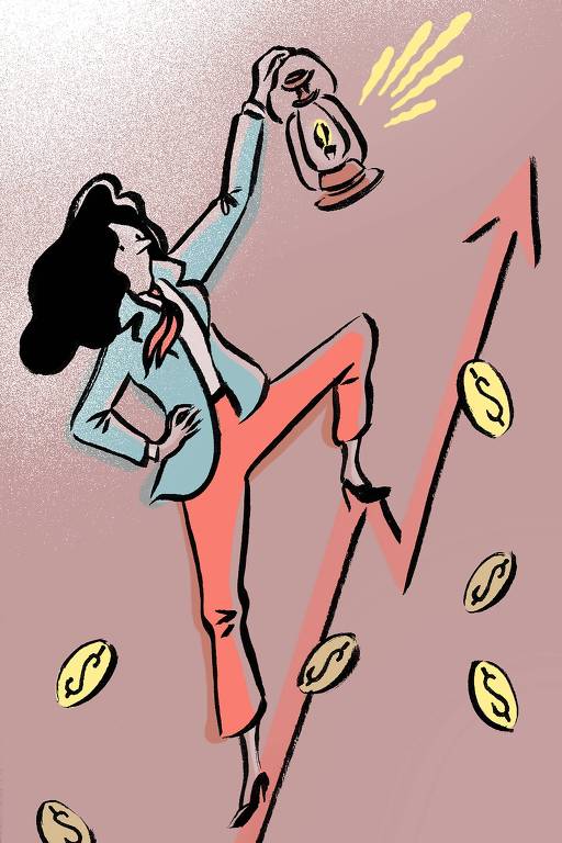 Ilustração mostra uma seta apontando para cima, como em um gráfico; uma mulher pisa sobre a seta, carregando uma lanterna nas mãos; ao redor da mulher e da seta estão várias moedas