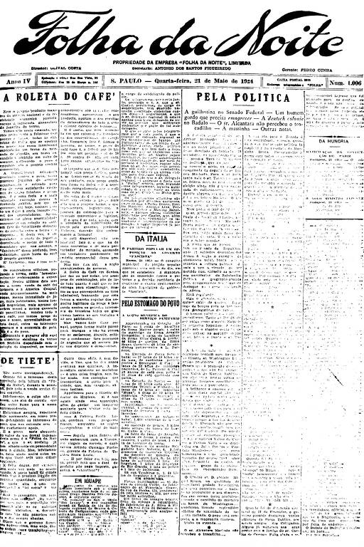 Primeira Página da Folha da Noite de 21 de maio de 1924