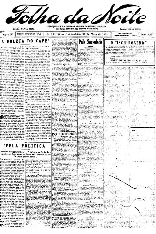 Primeira Página da Folha da Noite de 22 de maio de 1924