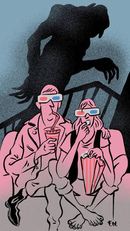 Desenho de casal comendo pipoca e com óculos 3D; na parede, há uma sombra de monstro