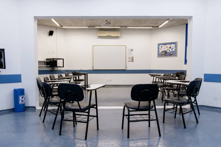 Sala de aula com carteiras em forma de roda em frente a um quadro branco