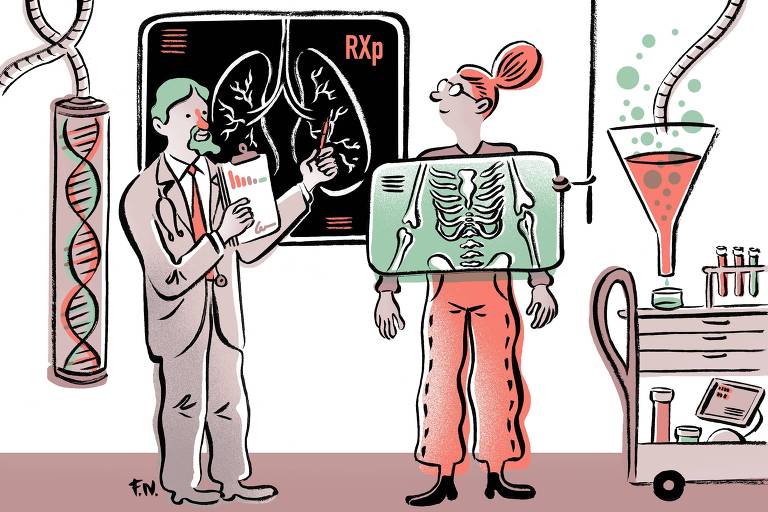 Ilustração de médico exibindo pulmões em um quadro negro, enquanto paciente está em frente a um raio-X, que exibe ao vivo seus ossos do tronco