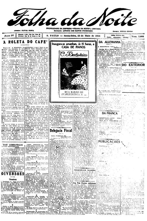 Primeira Página da Folha da Noite de 23 de maio de 1924