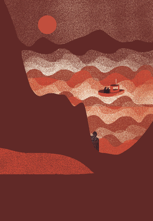 Ilustração de um mar vermelho com um pequeno barco navegando