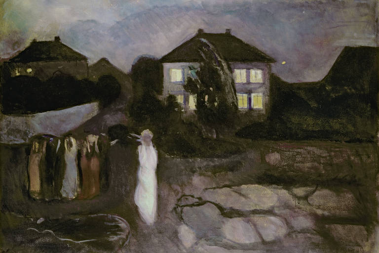 Na pintura aparece um grupo de pessoas com uma casa alta de janelas iluminadas ao fundo