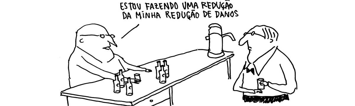 A tira de André Dahmer, publicada em 26.04.2024, tem apenas um quadro. Nele, um homem está bebendo várias cervejas no balcão de um bar. Ele diz para o garçom: "Estou fazendo uma redução na minha redução de danos"