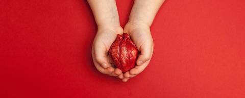 Human heart in children hands isolated on red background. Diseases, transplantation and first aid, concept.
( Foto: Andrii Zastrozhnov / adobe stock )