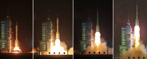 (240425) -- JIUQUAN, April 25, 2024 (Xinhua) -- This combo photo shows the Shenzhou-18 manned spaceship, atop a Long March-2F carrier rocket, being launched from the Jiuquan Satellite Launch Center in northwest China, April 25, 2024.
  China on Thursday launched the Shenzhou-18 manned spaceship to send three taikonauts to its orbiting Tiangong space station for a six-month mission. (Xinhua/Li Gang)