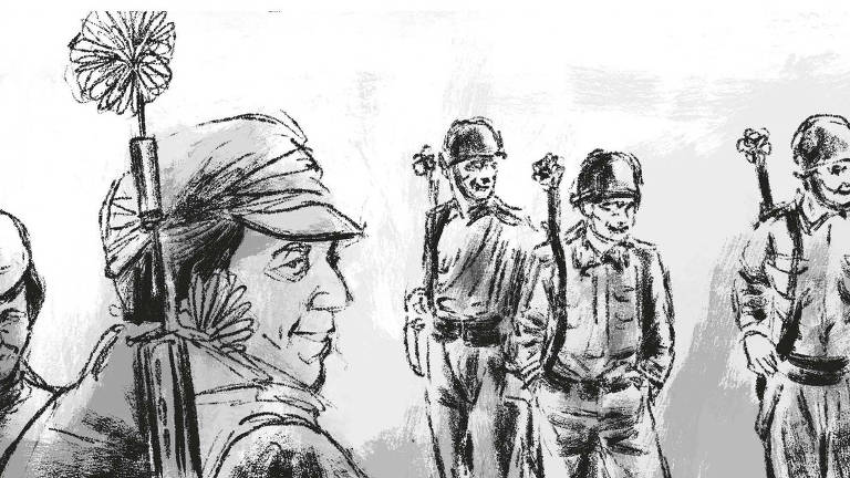 ilustração em preto e branco de militares com flores enfiadas no cano da arma