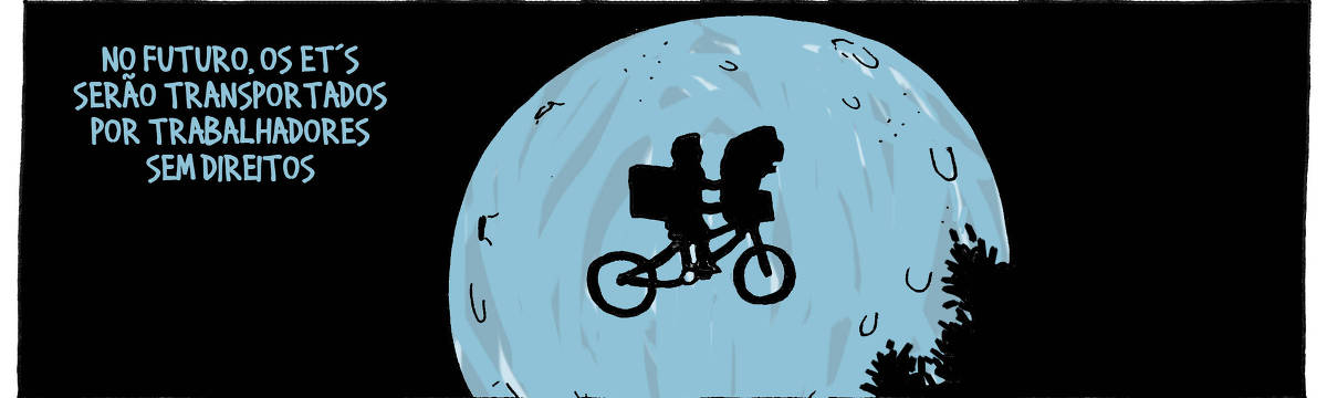 A tira de André Dahmer, publicada em 29.04.2024, tem apenas um quadro. Nele, em clara referência ao filme E.T., o Extraterrestre, há um garoto pedalando, com o E.T. no bagageiro, e uma mochila de entregas nas costas. Uma grande lua cheia marca a silhueta deles. Uma legenda diz: "No futuro, todos os ET's serão transportados por trabalhadores sem direitos"
