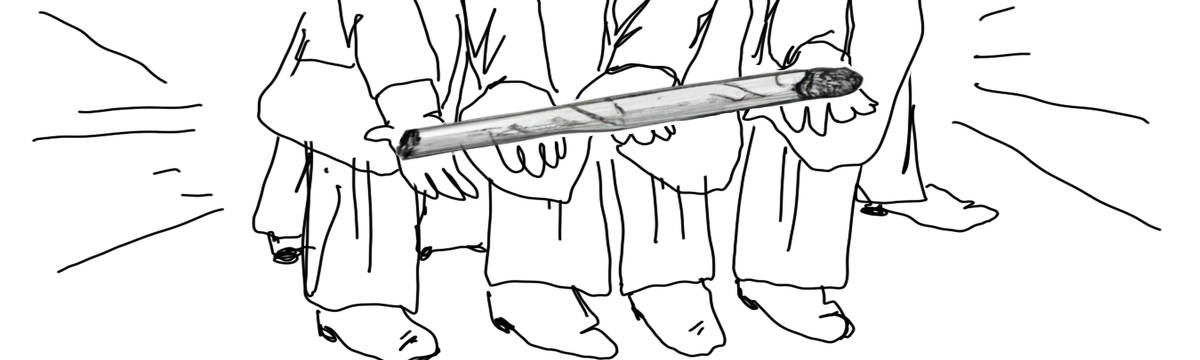 A tirinha em preto e branco de Estela May, publicada em 29/04/24, traz quatro mãos estendidas segurando um cigarro enrolado