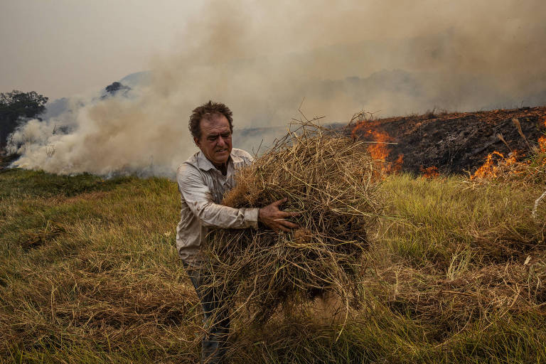 Homem carrega vegetação seca; atrás dele há um incêndio