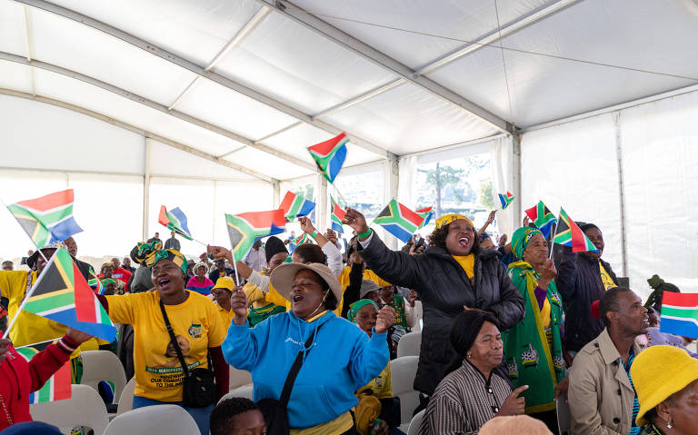 Grupo de pessoas celebra empunhando bandeirinhas da África do Sul