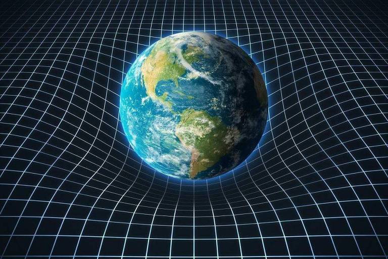 Ilustração mostrando a gravidade como uma curvatura do espaço-tempo
