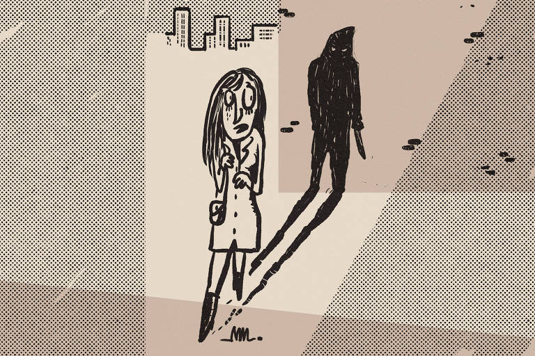 Na ilustração de Marcelo Martinez: uma mulher anda apressada, à noite, em uma rua deserta, com olhar assustado. Sua sombra, projetada no muro, tem a forma de um homem ameaçador