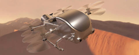 Concepção artística da sonda Dragonfly voando em Titã, lua de Saturno