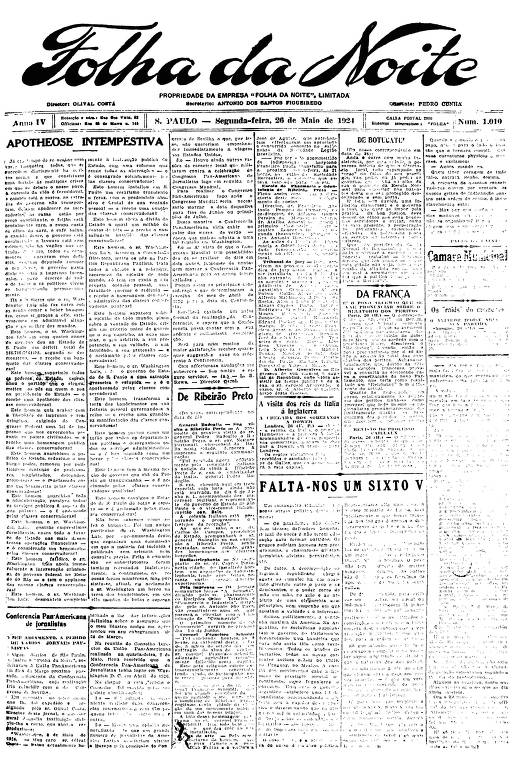Primeira Página da Folha da Noite de 26 de maio de 1924