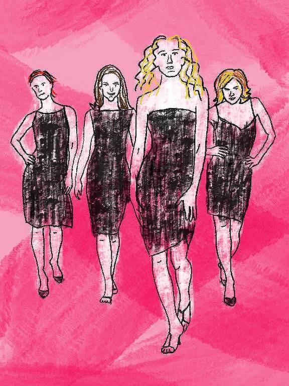 Desenho estilizado das 4 personagens da série 'Sex and the City', usando vestidos pretos sobre um fundo rosa