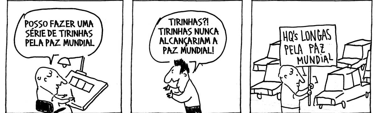 A tira de André Dahmer, publicada em 30.04.2024, tem três quadros. No primeiro, um rapaz está sentado em frente a uma mesa de desenho. Há uma tirinha de três quadrinhos sobre o móvel, e uma luminária. O garoto diz: "Posso fazer uma série de tirinhas pela paz mundial". No segundo quadrinho, um outro rapaz debocha da ideia: "Tirinhas?! Tirinhas nunca alcançariam a paz mundial". No terceiro e último quadro, o desenhista está na rua, carros passando ao fundo. Ele segura uma placa onde se lê: "HQ's longas pela paz mundial".