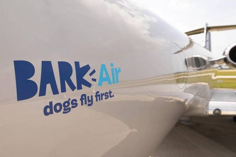 lataria de avião na cor branca com frase escrita em inglês, na cor azul: "Bark Air, cachorros voam primeiro" (tradução livre)